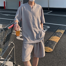 2026夏V领短袖冰丝T恤套装大码男纹理提花半袖TZ5677/特P45灰3，男装T恤，电商A094