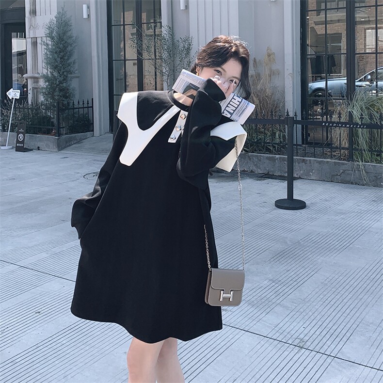 黑色娃娃领卫衣连衣裙春秋女2024新款小个子宽松减龄中长款卫衣裙,女装连衣裙,诺蝶