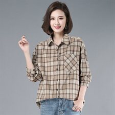 2021年春季POLO领格子衬衫女通勤韩版宽松磨毛衬衣外套，女装衬衫，伊满意