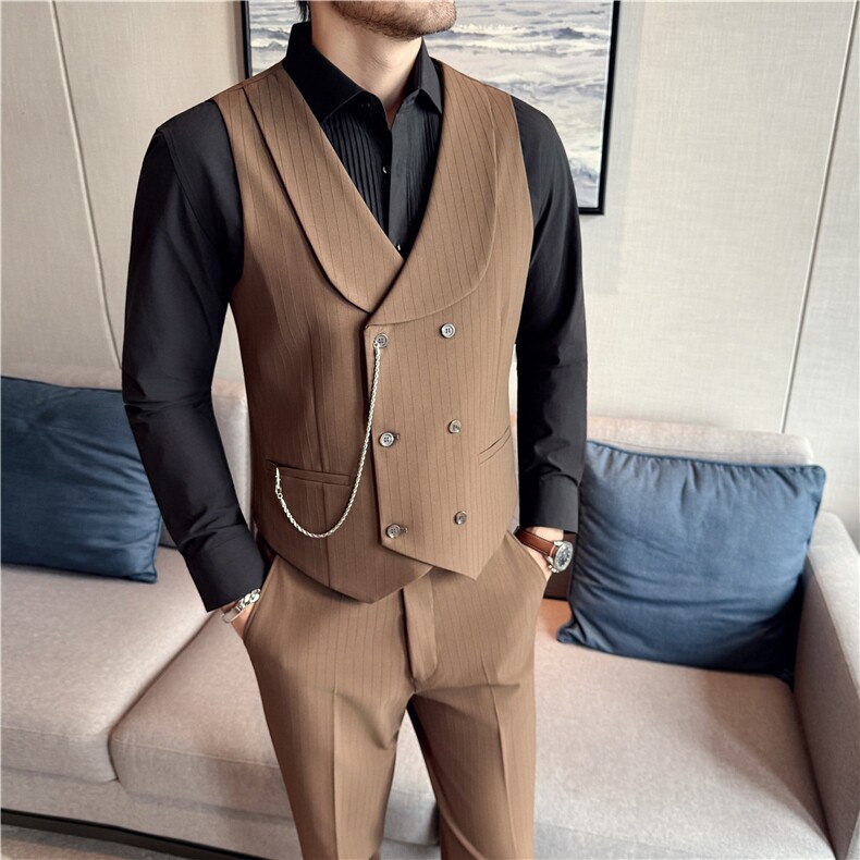 色织暗条纹双排扣青果领西装马甲男时尚背心~配链子DMJ8063-P65，男装背心/马甲，电商A213