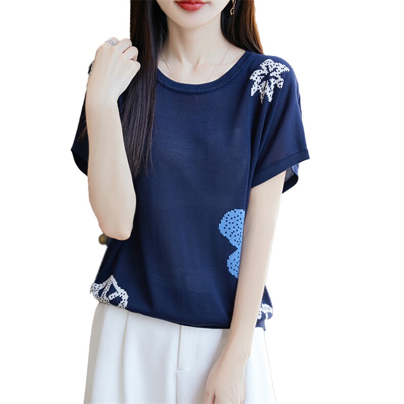 莱塞尔针织提花小飞袖T恤女2025夏薄透气洋气蓝色宽松显瘦短袖T恤,针织衫/毛衣,唐诺