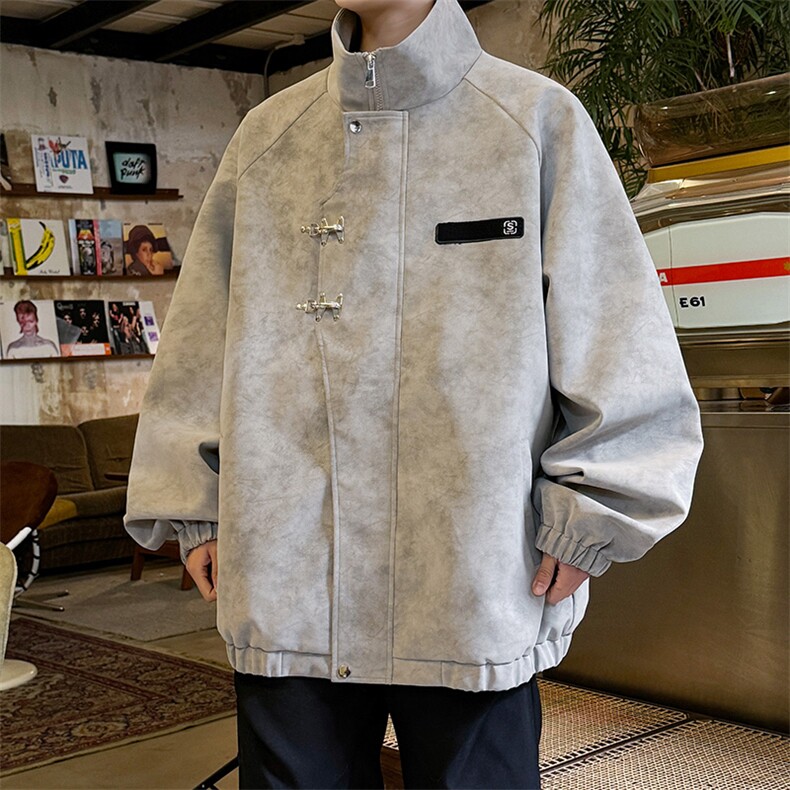 咖色扎染皮衣外套男款美拉德穿搭新中式夹克立领美式飞行员机车服，男装皮衣，电商基地A050