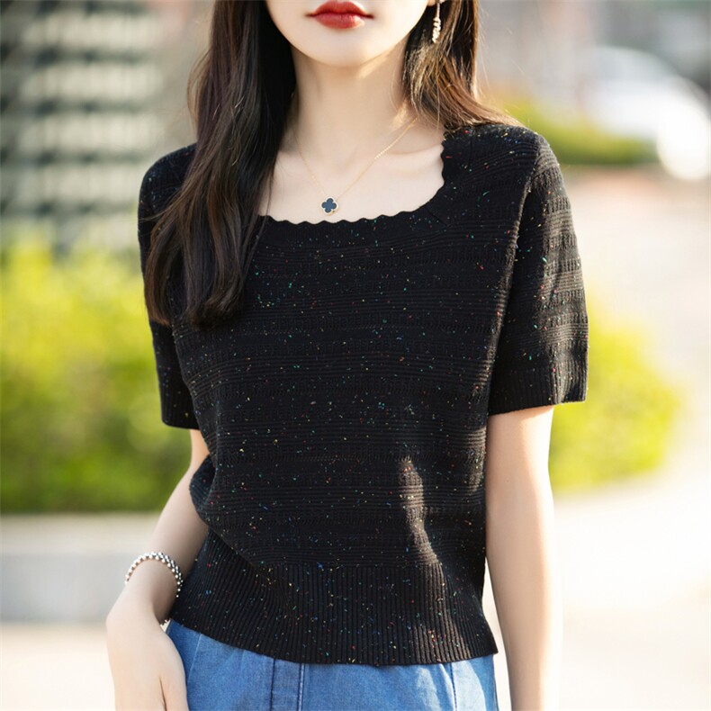 超好看~花纱针织方领短袖上衣女2024夏新款法式短款减龄显瘦T恤衫,女装T恤,菲奥羊绒