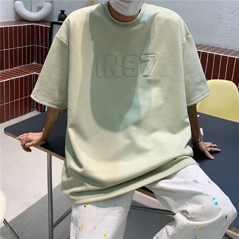 情侣装夏季新款美式复古字母钢印麂皮绒宽松圆领半袖T恤D296P38,男装T恤,电商A335-1（原A458）