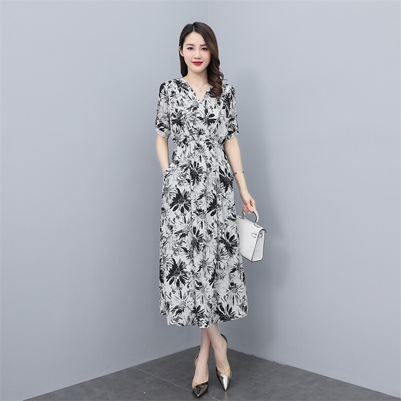 连衣裙女2022夏新款法式V领显瘦薄款雪纺长裙,女装连衣裙,雅佳俏