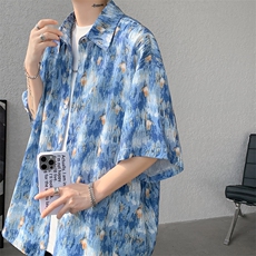 D157-P38控58大码港味沙滩冰丝顺滑短袖衬衫防晒衣，男装衬衫，电商D232