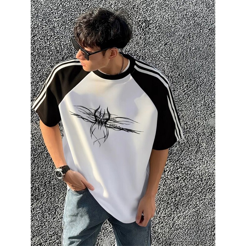 抖音得物品质二开240克宽松纯棉美式潮牌插肩三杠织带短袖T恤，男装T恤，电商A486