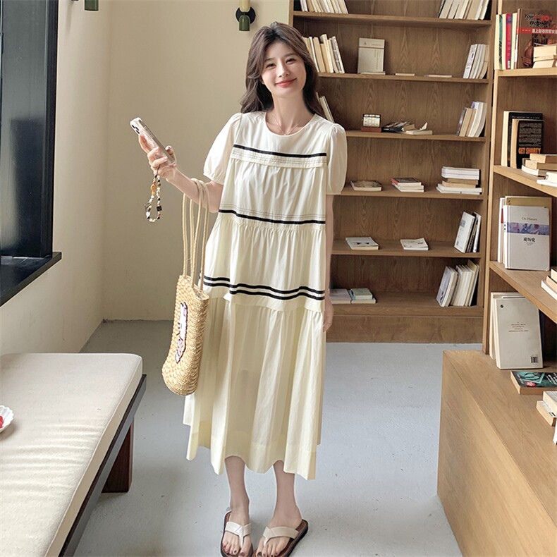 慵懒风休闲条纹拼接连衣裙女2025夏季新款韩系减龄度假木耳边长裙,女装连衣裙,2C012