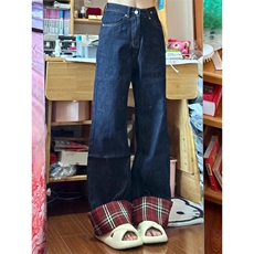 【网图有货】美式格子拼接卷边牛仔裤男女阔腿裤子NZ011CC-特P65，男装牛仔裤，星座1007（原301D）