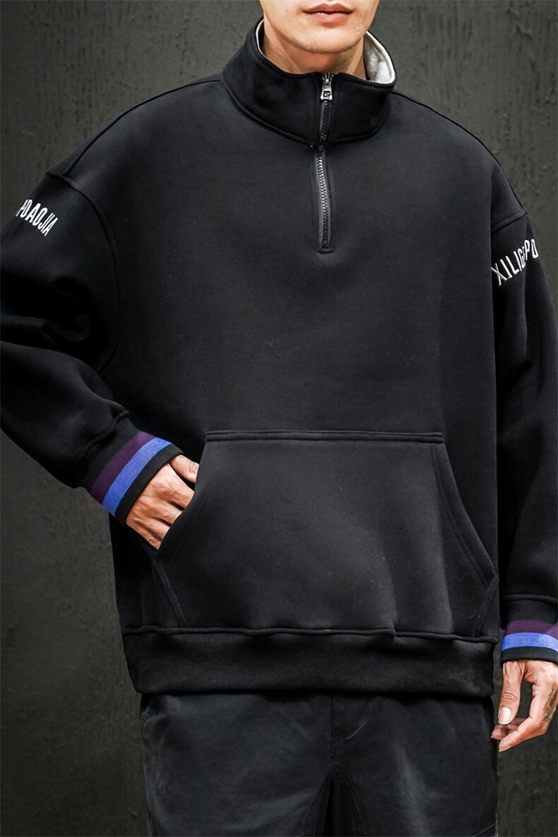 2019冬季新日系黑墙大码宽松刺绣立领拉链加绒加厚卫衣男W657-P60,男装卫衣,电商A001