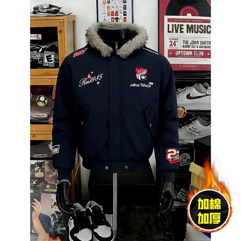现货高品质美式高街重磅刺绣座山雕大毛毛领棉衣男女加厚棉服外套，男装棉衣，电商A443