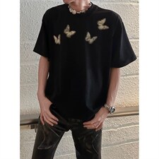 暗黑系蝴蝶印花短款短袖小众OS宽松欧美boxy纯棉T恤TXT459，男装T恤，星座516A