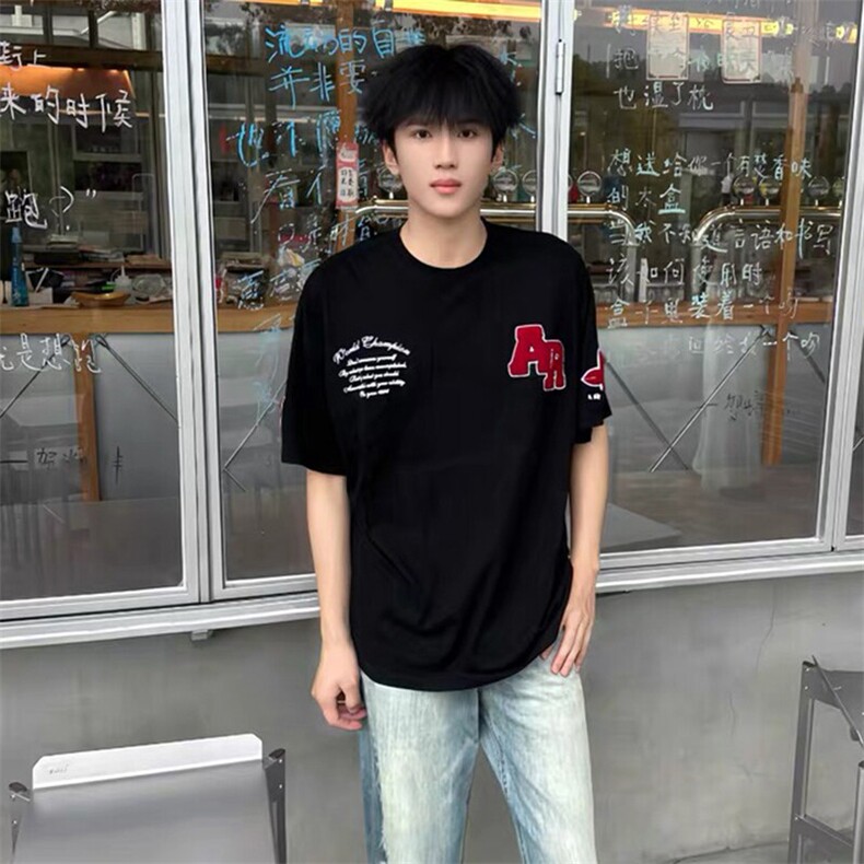 万针全刺绣工艺抖音得物高品质260克重磅纯棉双纱美式高街短袖T恤,男装T恤,电商A486-1