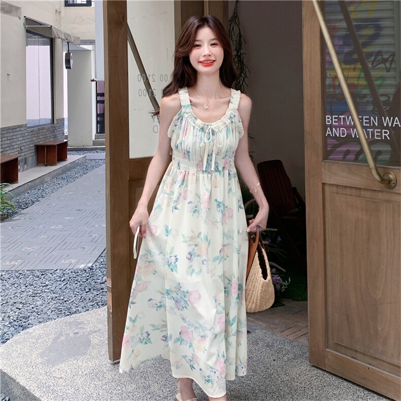 法式海边度假风印花连衣裙女夏季2025新款小个子漂亮宽松长裙子,女装连衣裙,2C118