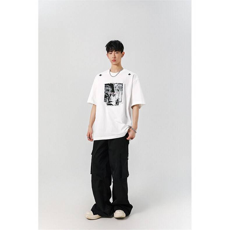 8XL-M美式街头风白色贴布男女情侣上衣短袖T恤半截袖DX330P48,男装T恤,电商D206-1