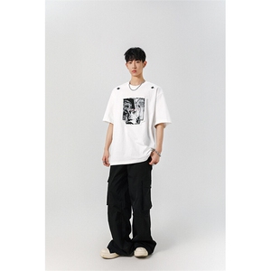 8XL-M 美式街头风白色贴布男女情侣上衣短袖T恤半截袖DX330P48图片
