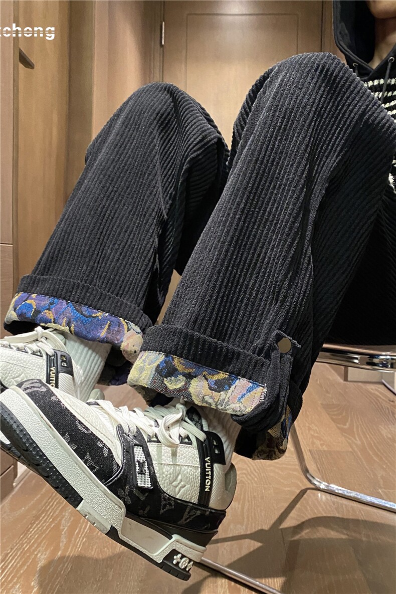灯芯绒潮流新款百搭小熊印花宽松直筒休闲裤B315-K23481-P50控68,男装休闲裤,电商B315