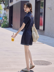 牛仔宽松连体裤女2025夏季新款网红小个子连身短裤高端外穿连衣裤，女装连体裤，E百度