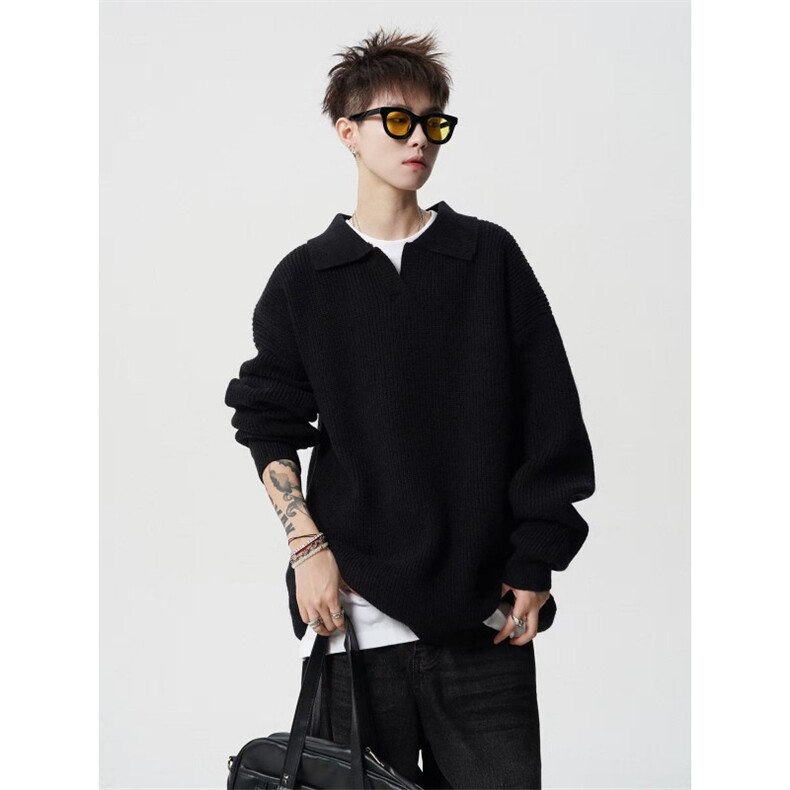 1506/Q50150/P52黑色polo领毛衣男复古套头针织衫慵懒高级感外套，男装针织衫/毛衣，星座1506