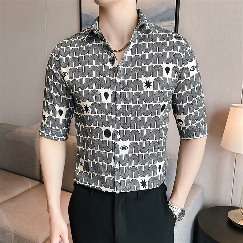 CS821-P50夏季新款潮流时尚冰丝免烫痞帅印花高级感垂感衬衣,男装衬衫,星座507A（原星座306B-2）