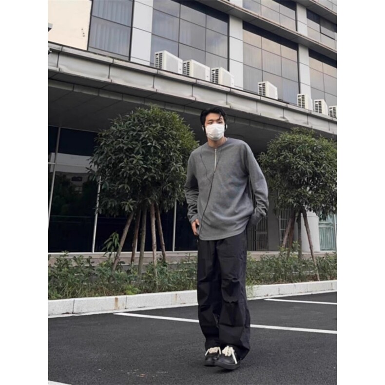 W007-P28美式半拉链华夫格纯色长袖T恤男秋冬新款内搭复古卫衣,男装T恤,星座215-1