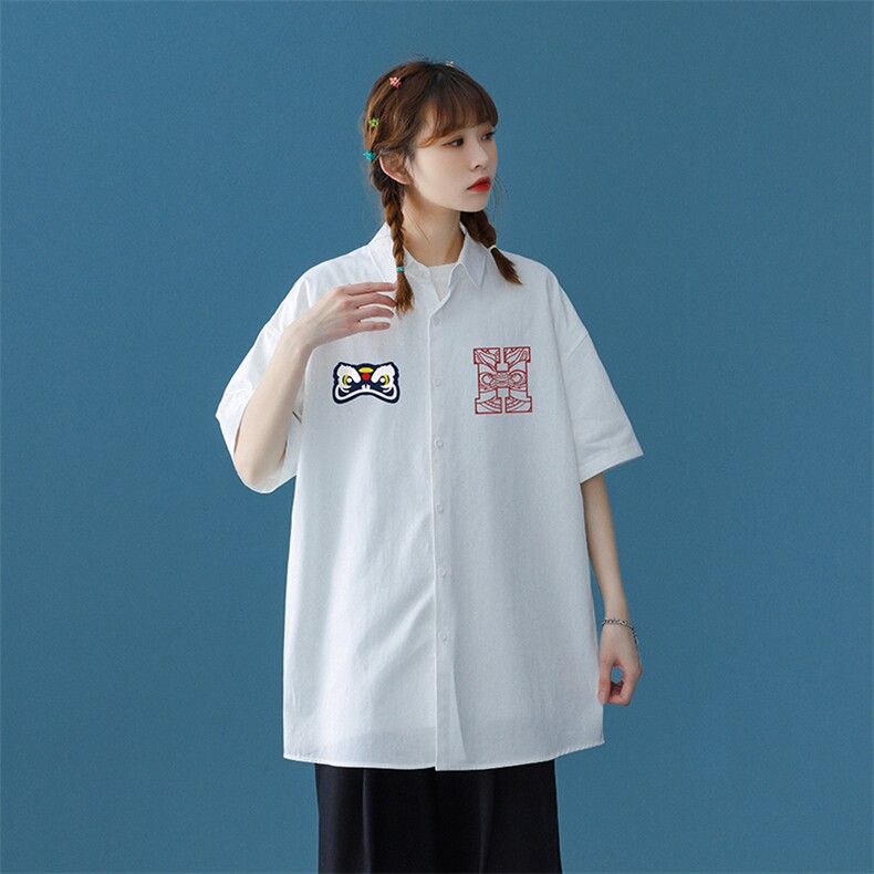 中性风2022夏季新品印花宽松翻领短袖衬衣衬衫CS105P35控58,女装衬衫,A247A