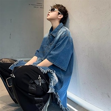 牛仔衬衫男短袖破洞韩版潮流夏季百搭2024新款ins外套CY746-P51，男装衬衫，星座412-3