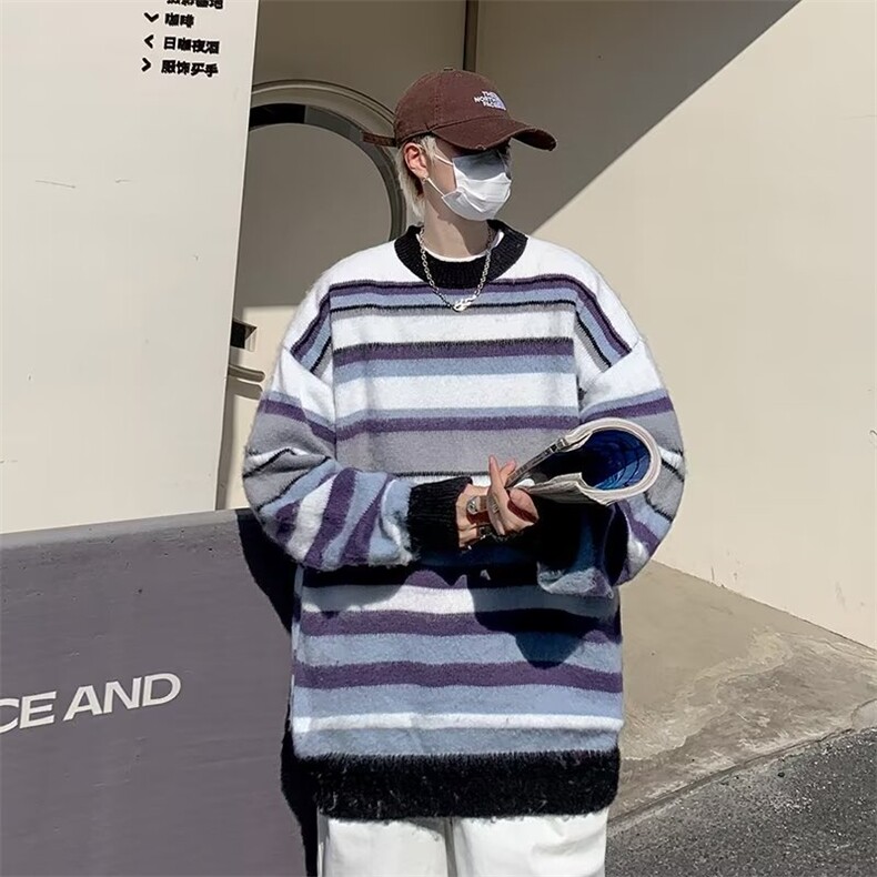 新美式复古渐变条纹毛衣男宽松慵懒风小众套头针织上衣MY207-P50,男装针织衫/毛衣,星座1109-3