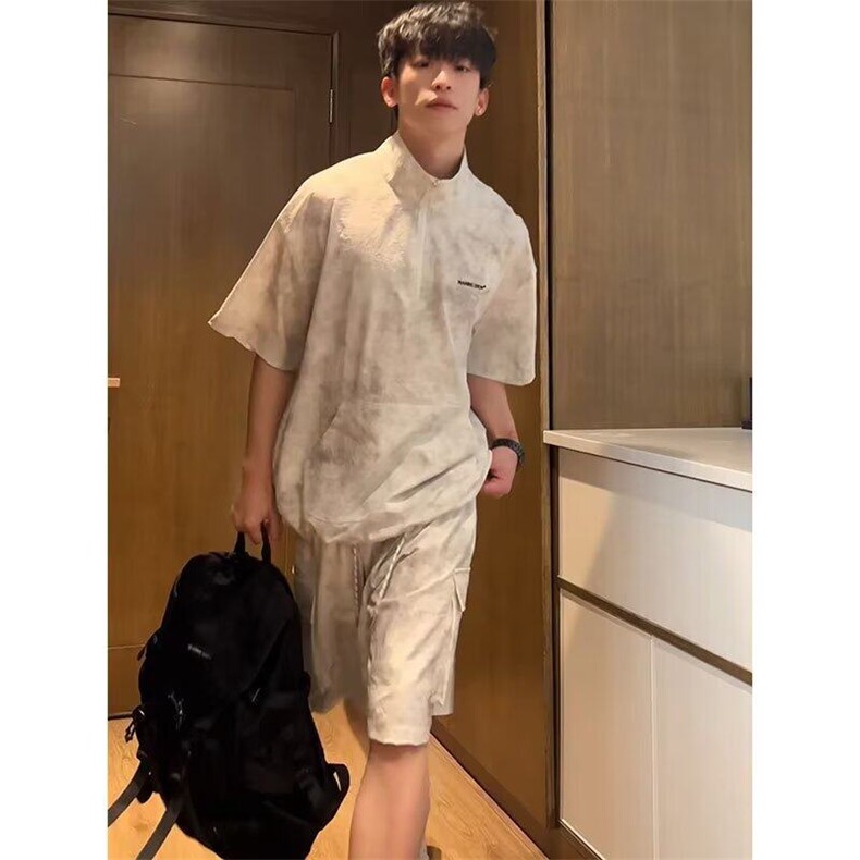 扎染带口袋短袖polo衫男女新款夏季速干一套穿搭运动工装T恤,男装休闲套装,星座218-1（原230）