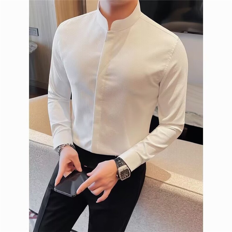 [006]立领条纹衬衫男长袖时尚弹力修身休闲衬衣A079-2086-P40,男装衬衫,电商A079