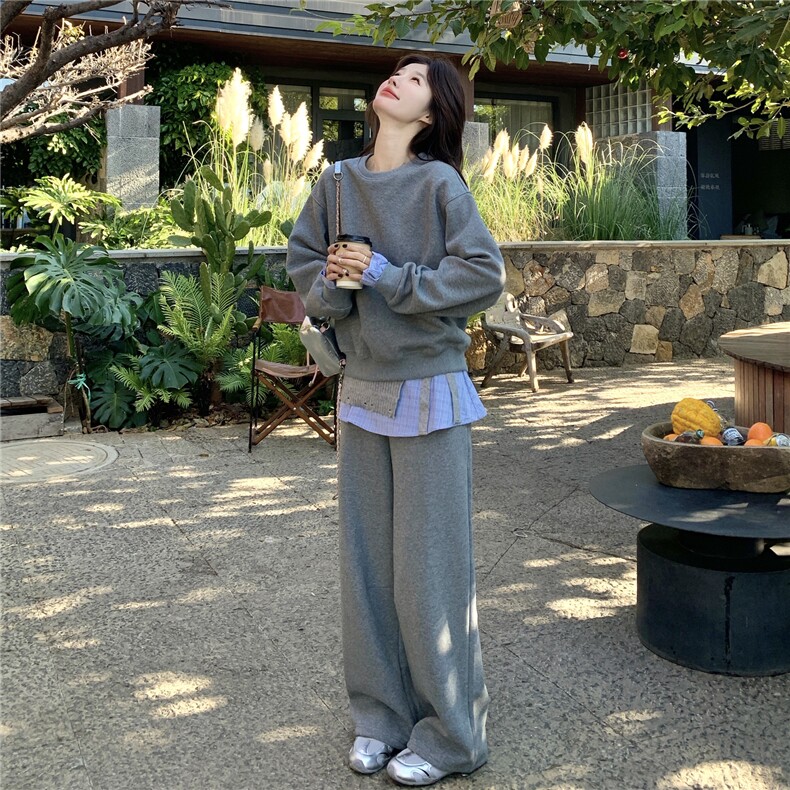 韩系慵懒休闲风格纹拼接卫衣套装女2026春季阔腿裤时尚减龄两件套,女装套装/套裙,艾米莉亚