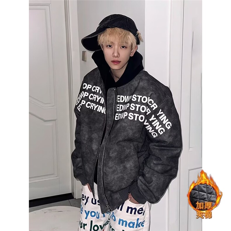 网图美潮蛋白PU皮印花夹棉飞行员夹克棉服外套W1895/特P85,男装夹克,电商B350