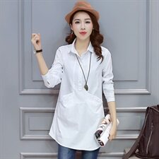 长袖排多扣中长款直筒纯色POLO领压皱口袋纯色衬衫2025年秋季，女装衬衫，风姿绰