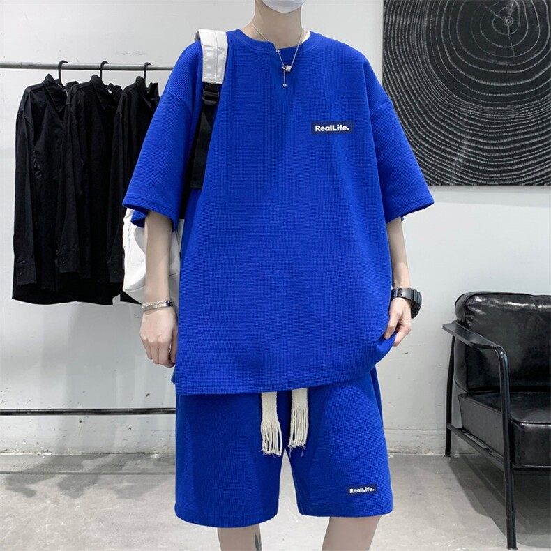 套装！夏季华夫格套装男T恤短裤两件套大码港风HDX323+HD323-P50,男装T恤,电商B371