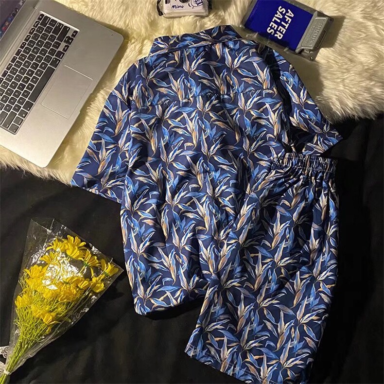 复古印花翻领丝简约文艺短袖衬衣清凉宽松短裤套装TZK07P50,男装休闲套装,星座1116-2