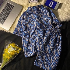 复古印花翻领丝简约文艺短袖衬衣清凉宽松短裤套装TZK07P50，男装休闲套装，星座1116-2