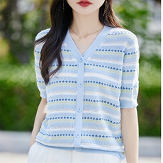 纯棉线条纹提花针织短袖开衫女T恤2025夏薄宽松舒适洋气百搭上衣，女装针织衫/毛衣，斯美雅电商供货