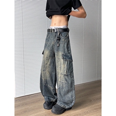 潮牌重磅多口袋弯刀牛仔裤男女炸街做旧水洗阔腿工装裤N07621-P63，男装牛仔裤，星座308B-1