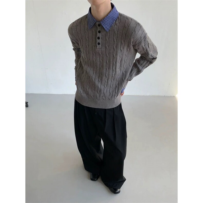 美式复古绞花假两件v领毛衣休闲百搭老钱风针织衫上衣ZZS149p75,男装针织衫/毛衣,电商D256