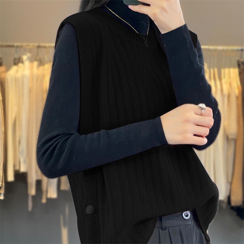 秋冬新款100%羊毛马甲女系扣开叉无袖背心针织毛衣宽松羊绒衫坎肩，女装羊毛衫，迅太羊绒
