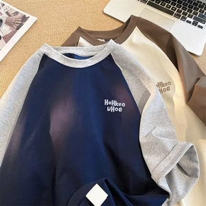短袖t恤男宽松休闲夏季美式拼色潮牌半截袖新款体恤衣服AT411-p36图片