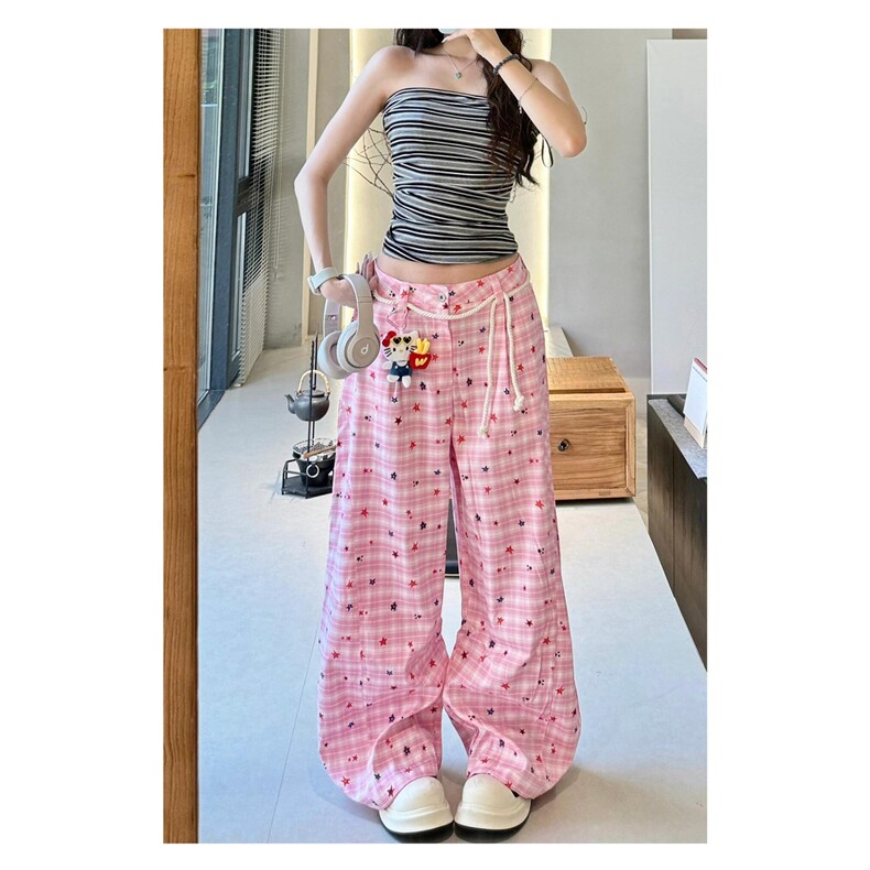 撞色格子弯刀休闲裤女夏季设计感宽松阔腿裤高腰垂感拖地裤，女装休闲裤，星座1210-1