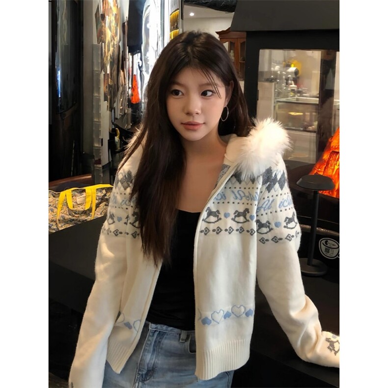 MY9242-P63费尔岛白色毛领连帽毛衣外套男女秋冬新款慵懒风,男装针织衫/毛衣,电商B323A