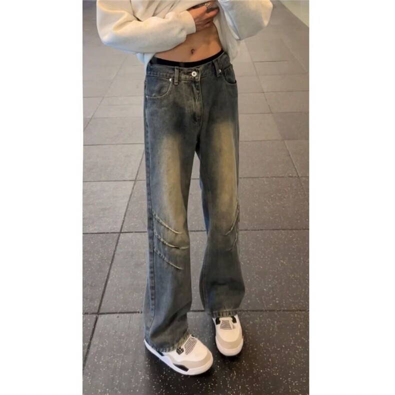 美式水洗复古褶皱弯刀牛仔裤男款高街vibe裤子直筒长裤微喇长裤,男装牛仔裤,四季星座505