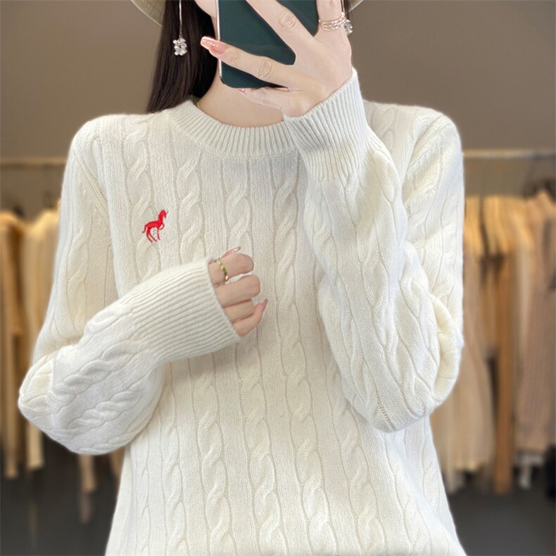 2024秋冬新款羊毛女士圆领扭花羊毛衫,女装羊毛衫,润辉羊绒