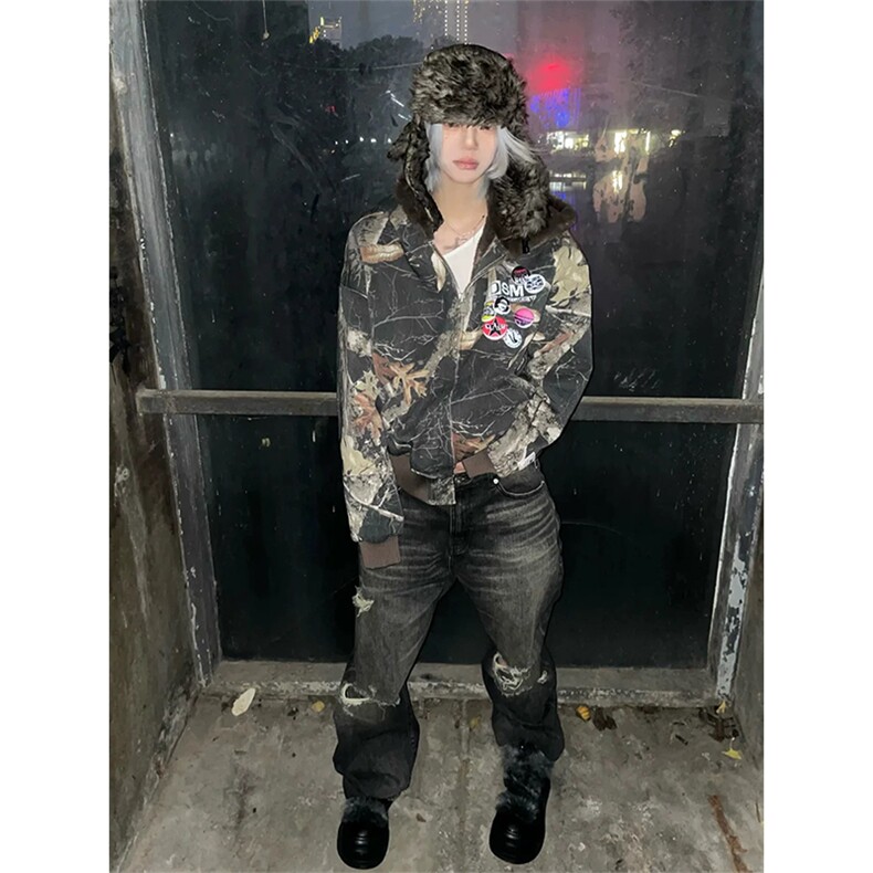 网图有货美式复古迷彩连帽座山雕棉服男女加绒棉衣A1137-P155,男装棉衣,星座1505