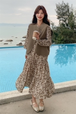 法式复古碎花连衣裙套装女2025春季新款轻熟风马甲长裙气质两件套，女装套装/套裙，2C053