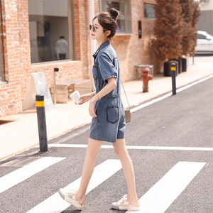 时尚显瘦牛仔连体裤女夏季新款高腰宽松短裤学生百搭休闲工装裤图片