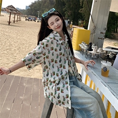 Q412卡通印花夏季衬衫男女情侣装短袖衬衣沙滩旅游度假夏威夷风，女装衬衫，电商C306-1