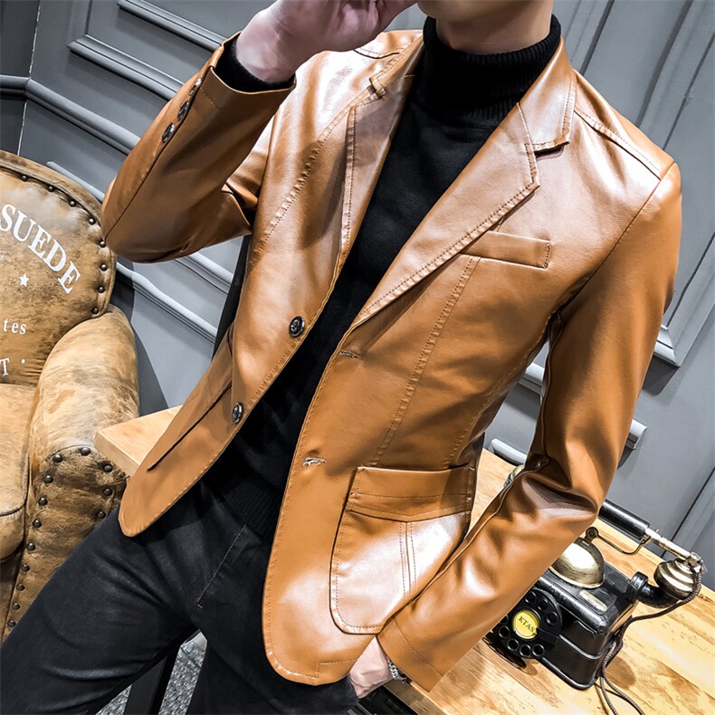 X812-P95青年男士休闲时尚皮衣韩版潮流小西装pu皮西服男修身外套,男装皮衣,电商D310（原电商305）